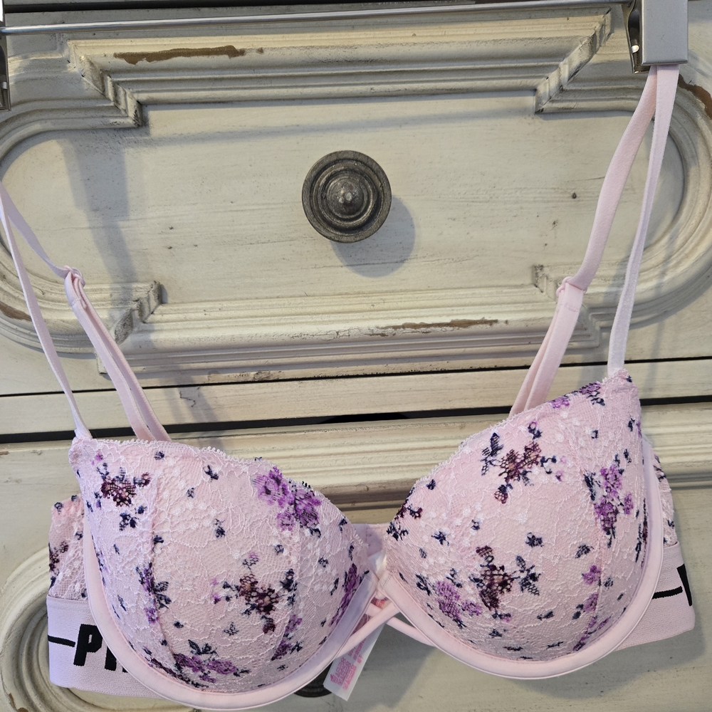 Pink Floral Lace Bra